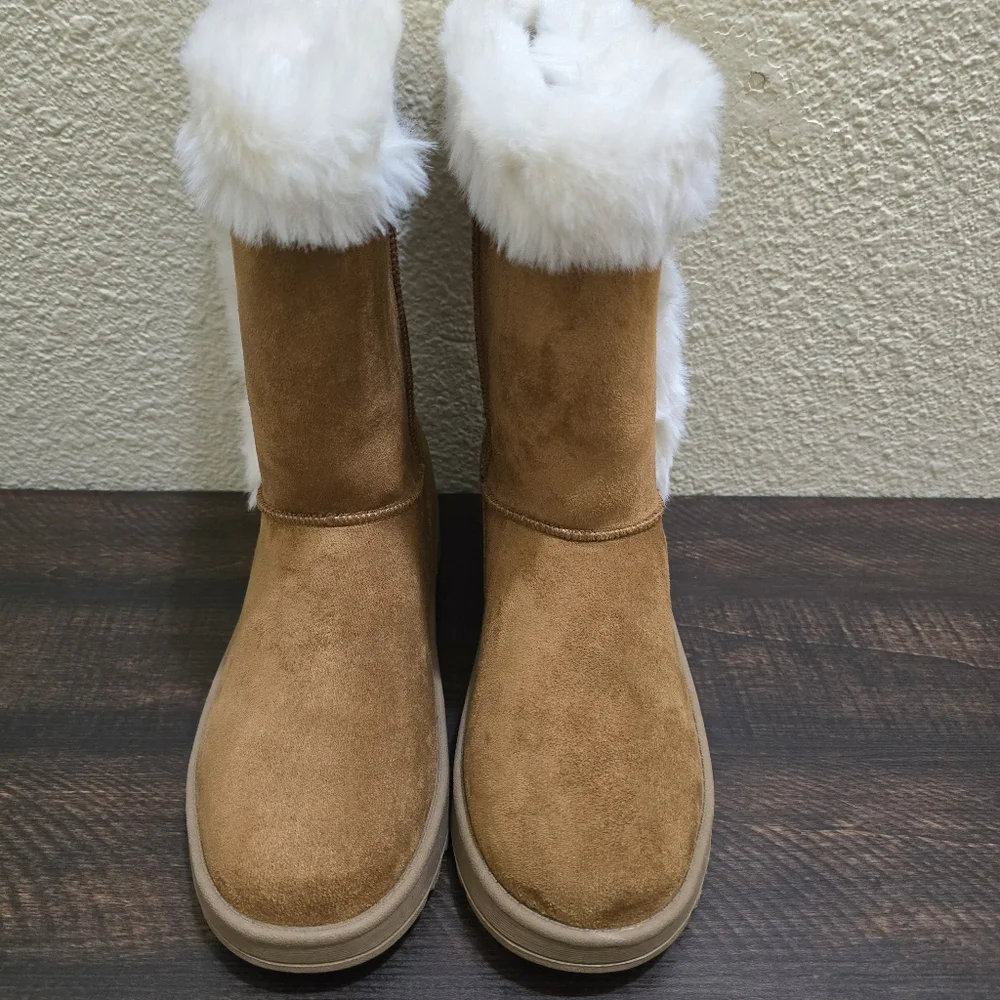 SO Faux Fur Sophia Chestnut‎ Girls Slip On Boots NWT Brown Size 6 Youth